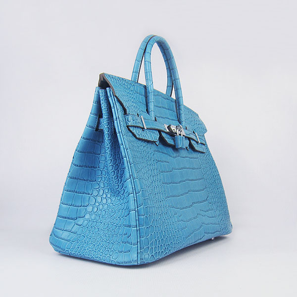 High Quality Fake Hermes Birkin 35CM Crocodile Veins Leather Bag Blue 6089